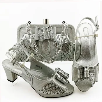 

Elegant silver African high heel shoes and purse bag set for wedding/party MM1102 Heel Height 7CM