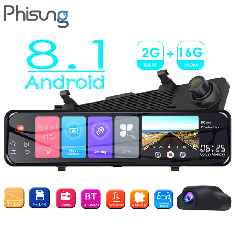 

Phisung Z70 Android 8.1 Car Rearview Mirror DVR Dashboard Camera 11.88" IPS 1080P 4G WiFi GPS Dual Lens Video Recorder Dashcam