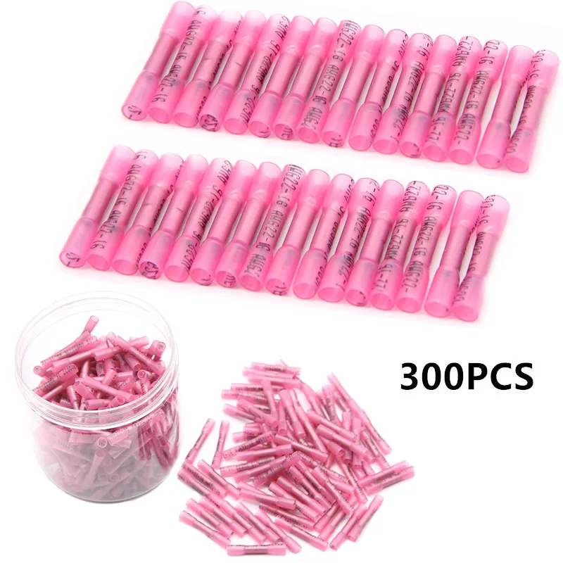 

300PCS Heat Shrink Connectors Crimp Terminals Insulated Waterproof Seal Butt Splices Electrical Wire Connector 22-18 AWG