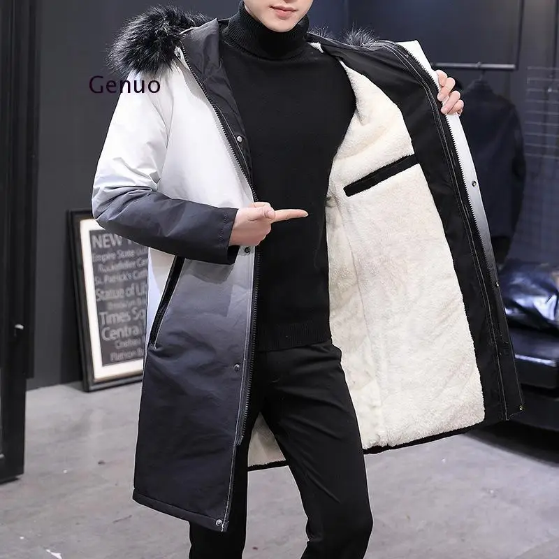 

Winter Jacket Men Gradient Hooded Slim Korean Parka Hombre Long Jacket Coat Cashmere Mens Windbreaker Parkas Cotton Jacket