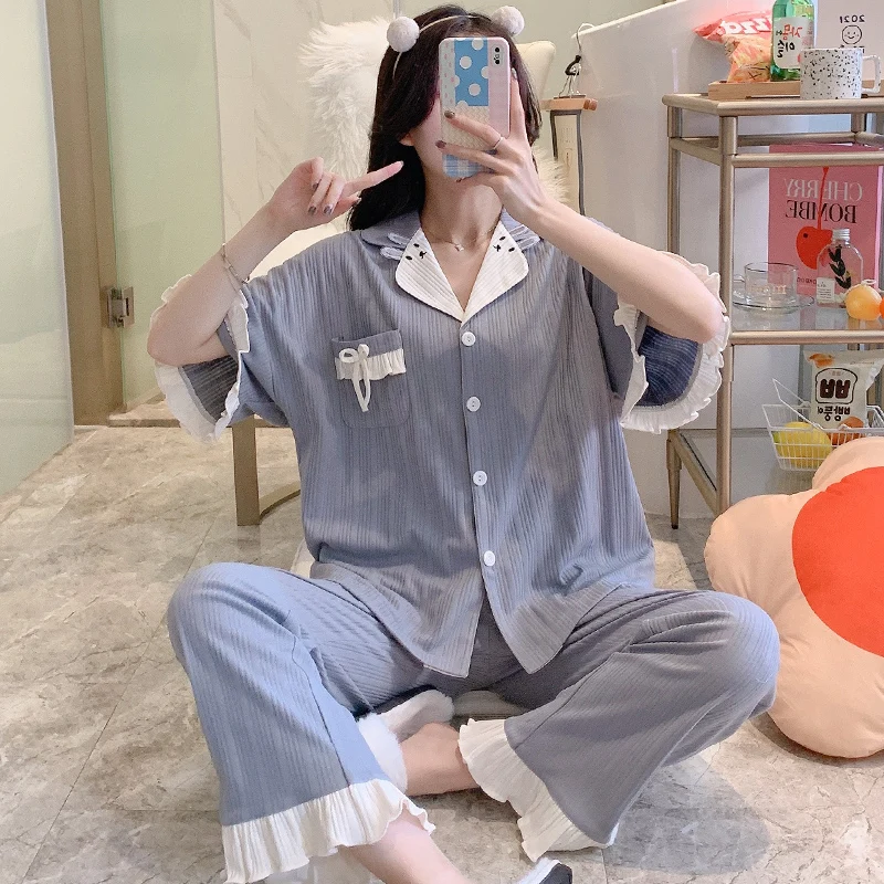 Пижама женская летняя с коротким рукавом брюки из чистого хлопка новая трендовая