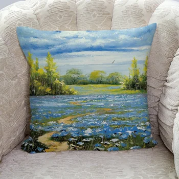 

Autumn Forest With A Blue Flower Field On The Ground Pillow Covers Cases Cushion Pillowcase Square Print