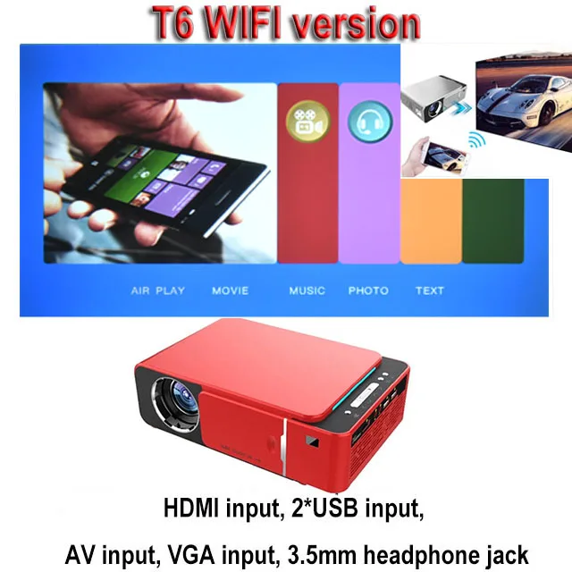 T6 WIFI red UNIC T6 1280x720 светодиодный проектор 3500 люмен Keystone USB HDMI VGA AV проектор домашний кинотеатр Proyector - Цвет: T6 WIFI red