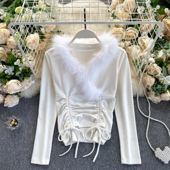 

Luxurious and Chic Fur Decorated V-neck Long Sleeve T-shirt Women Ruched Drawstring Waist Top