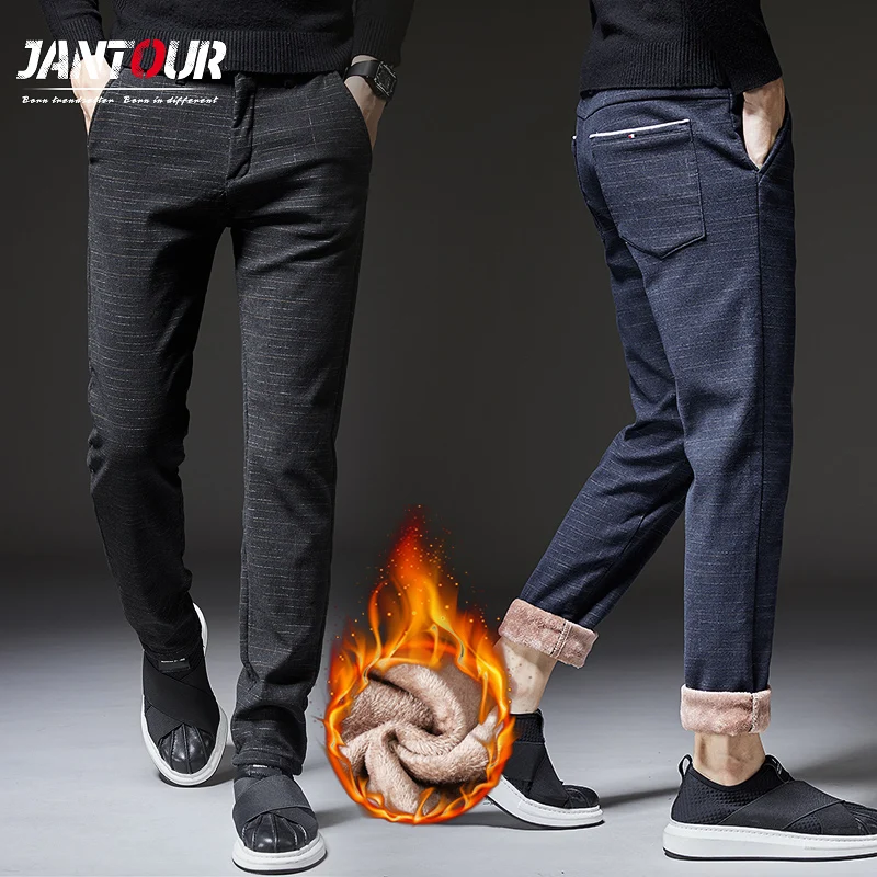 Warm Pants Plaid Black Trousers Business Elastic Fleece Straight Winter Mens Cotton