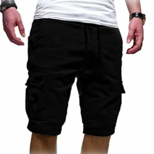 Летние мужские повседневные удобные шорты мешковатые спортивные бегуны эластичный пояс, карманы до колен шорты черный зеленый белый хаки серый - Цвет: Черный