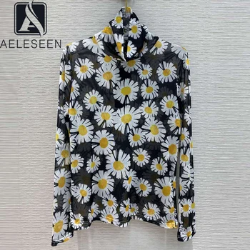 

AELESEEN Runway Fashion Blouse 2020 High Quality See-Through Long Sleeve Yellow Flower Print Elegant Casual Party Blouse