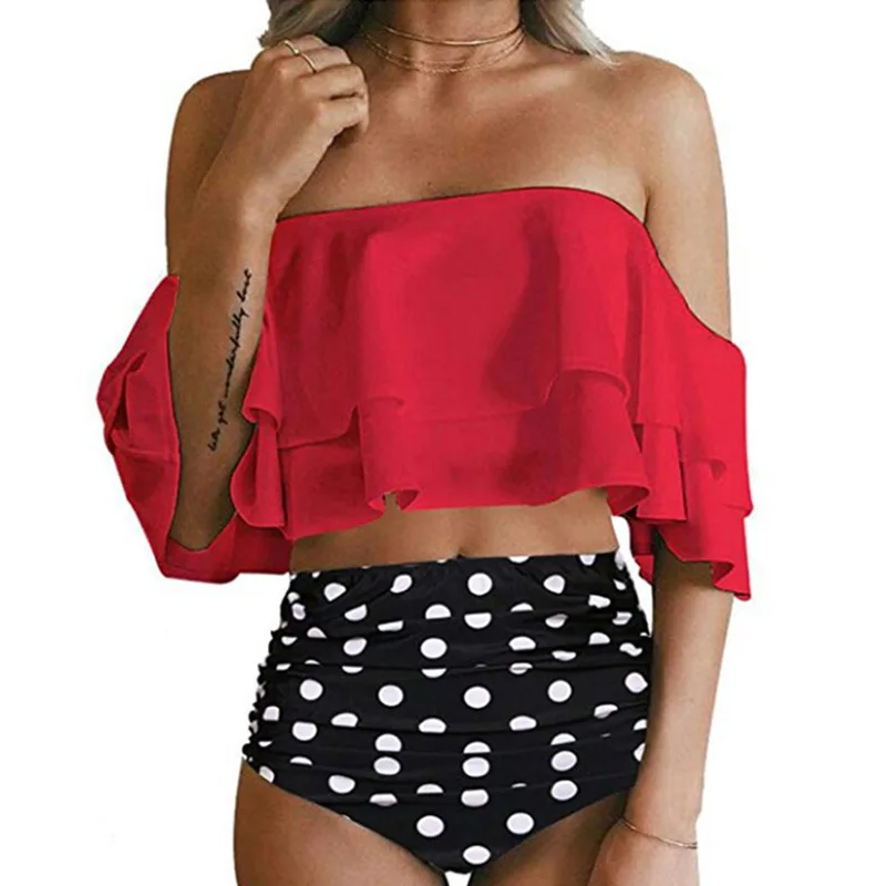 

Women New Ruffle High Waist Beach Swimming Suit Push Up Pad Bikini Set Patchwork Bathing Swimwear Women Sexy Beach Swimwear