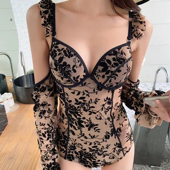 

One Piece Swimsuit Swimwear Ladies Rashguard Female Woman New Black Lace Long Sleeve Women Split Photo Geometric Cotton