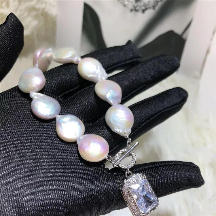 

free shipping Jewelry natural big baroque white pearl bracelet 7.5-8inch micro inlay zircon crystal clasp