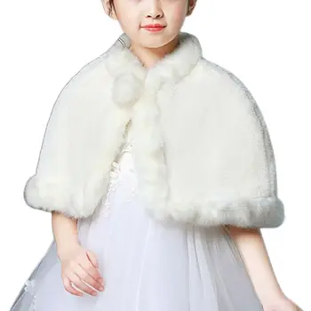 

Flower Girls Winter Wedding Bolero Shrug Shoulder Wrap Fluffy Plush White Prom Party Cape Princess Windproof Cute Pompom Coat