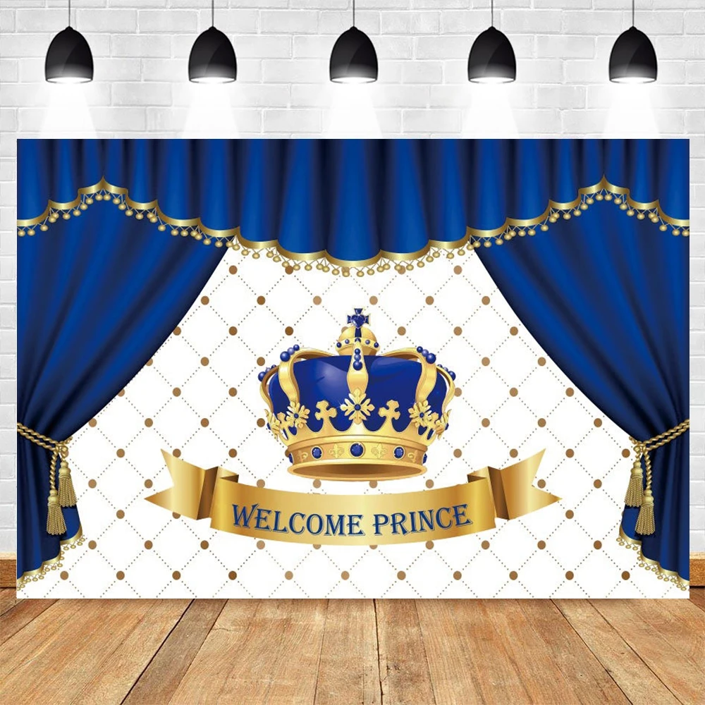 

Royal Blue Birthday Party Backdrop Little Prince Gold Grown Photography Background for Baby Shower Boy's 1st Bday Party Banner