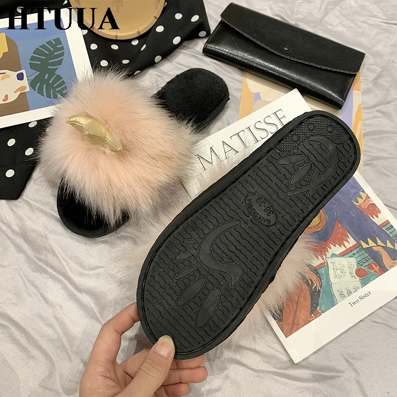 HTUUA/пушистые меховые тапочки; женские меховые шлепанцы; сезон осень-зима; домашние тапочки с закрытым носком; женская обувь на плоской подошве; SX3422