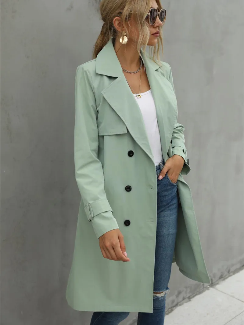 Fashion Women Casual Solid Color Coat Adults Autumn Elagant Fashion Long Sleeve Lapel NeckDouble Breasted Belted Trench Coat