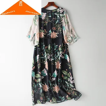 

Real Silk 100% Women Long Print Dress Elegant Spring Summer Vintage Vestidos Floral Evening Party Dresses 2020 2824