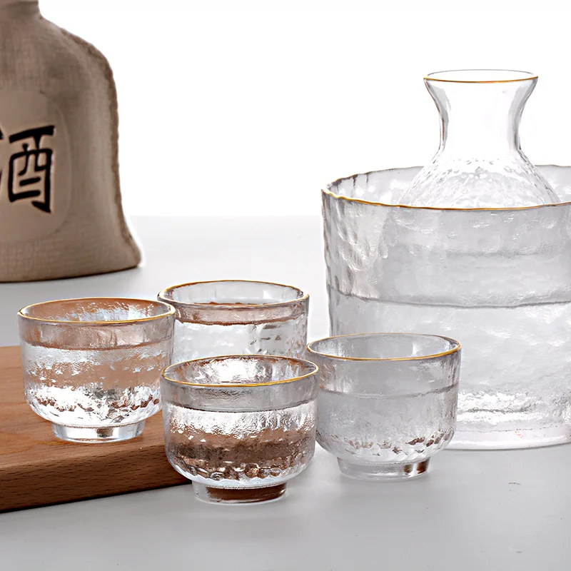 Japanese Style Glass Wine Set Sake Pot Ice Wine Warmer Ware Creative Hammer Grain Gold Edge Heat Resistant Yellow Pot