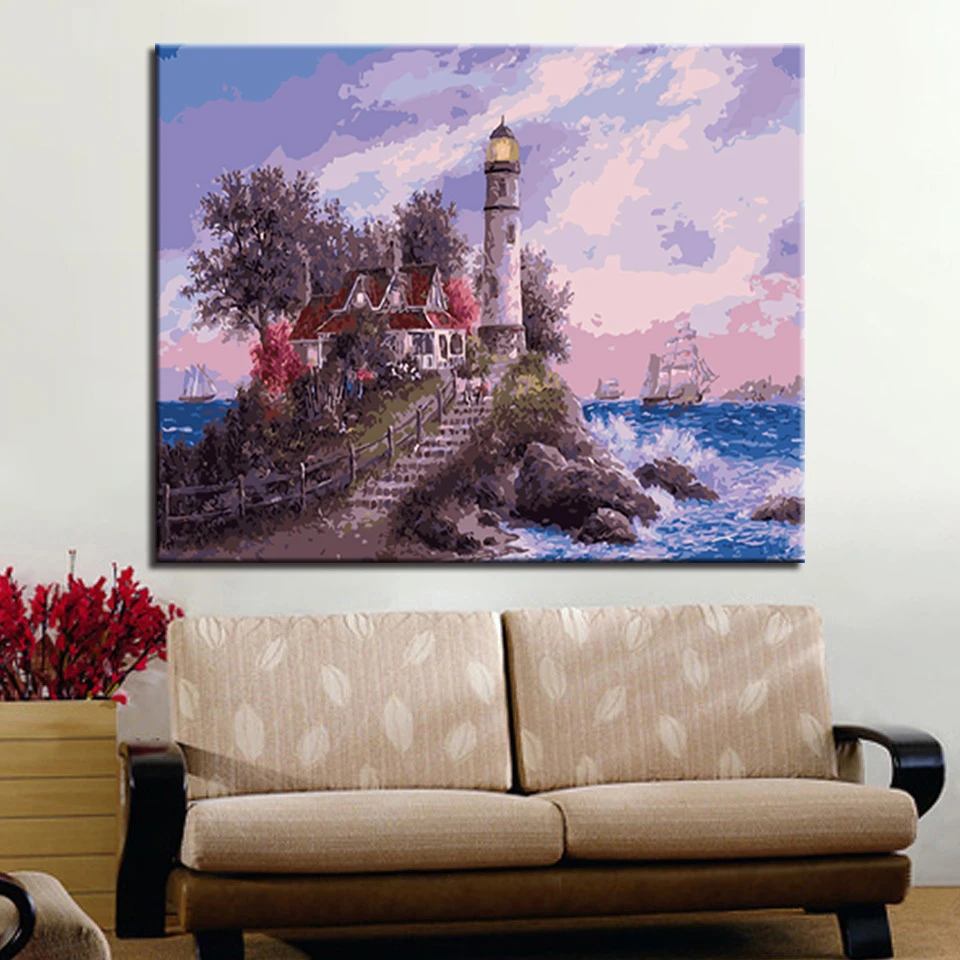 

Beach Lighthouse DIY Painting By Numbers Modern Handpainted Oil Painting Wall Art Picture Unique Gift For Wall Art