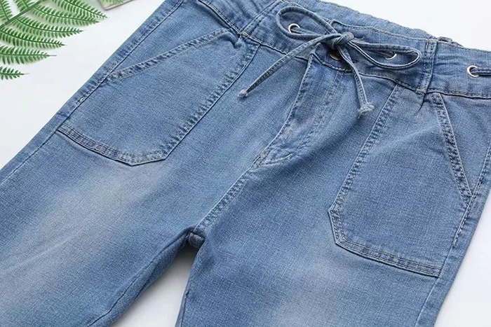 Плюс Размеры 5XL, на шнуровке, из эластичного материала, женские джинсы из денима с эластичной резинкой карандаш с высокой талией узкие облегающие джинсы-карандаши голубого цвета заклепка для пуговицы джинсы с карманами