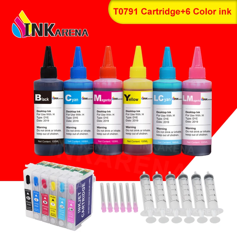 

INKARENA 6×100ml Bottle Dye Ink + T0791 Printer Ink Cartridges For Epson Stylus Photo 1400 1500W P50 Artisan 1430 PX650 660 660+