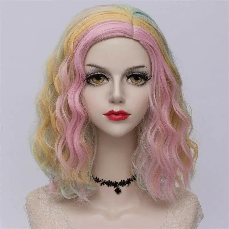 27 стиль радуги многоцветные Хэллоуин 35 см вьющиеся синтетические парик Лолита Средний Омбре вечерние Косплей - Цвет: pink yellow wig