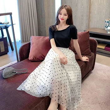 

Korean Casual Two Piece Set Women Short Sleeve O Neck T-shirt Tops & Sequined Mesh Long Skirt Set 2 Piece Outfits For Women