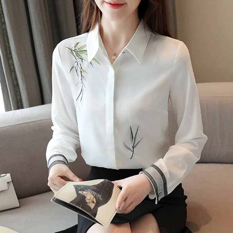 Ceny 2019 jesień nowa modna damska bluzka haft biała koszula z długim rękawem Casual topy luźna koszula Blusas Feminina 7092 50