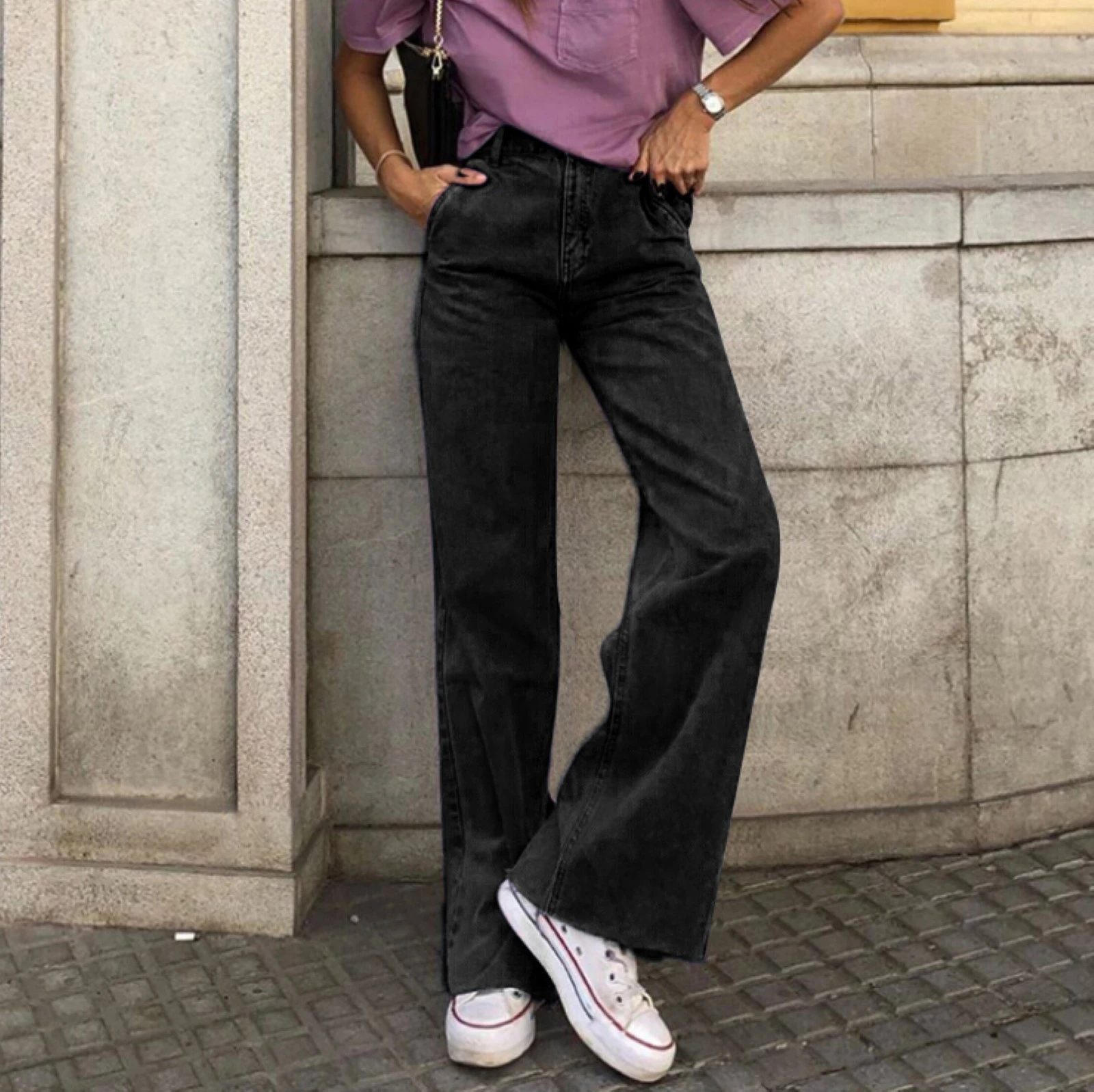 Pantalones vaqueros de cintura alta para mujer, Jeans sueltos de Color  sólido, pierna ancha recta, ropa de calle para mamá, #8|Pantalones  vaqueros| - AliExpress