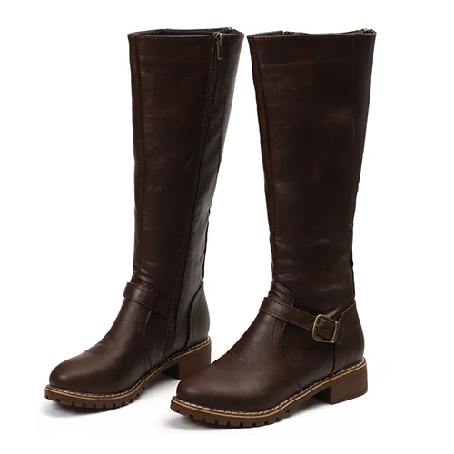 Женские сапоги до колена на молнии; обувь на квадратном каблуке; Женская обувь в стиле панк с пряжкой; Botas Mujer; большие размеры 35-43 - Цвет: D brown