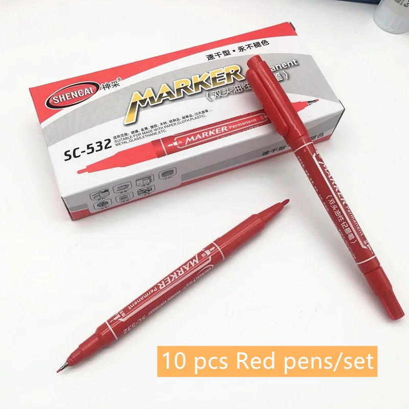 10pcs Red 10 шт. двухсторонний маркер-хайлайтер, смелый тонкий наконечник на масляной основе, несмывающиеся чернила, черный, красный, синий для CD металла, стекло, ткань керамика A6875 - Цвет: 10pcs Red