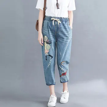

Loose Casual Embroidery Patch Cross-Pants Jeans Women Elastic Waist Preppy Style Denim Pants Female Leisure Streetwear 2020 New