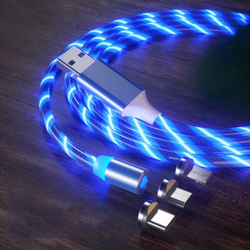 Cable de carga magnético para teléfono móvil, Cable de carga de luz fluida para Samsung LED, Micro USB tipo C