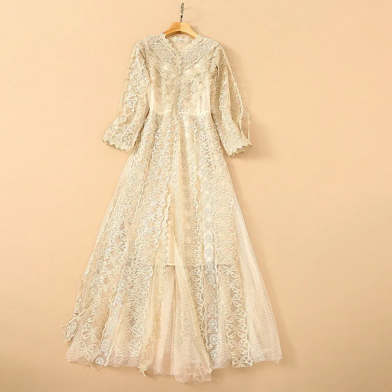 

European and American women's wear for summer 2021 Long-sleeved v-neck Lace butterfly embroidered fashion dress