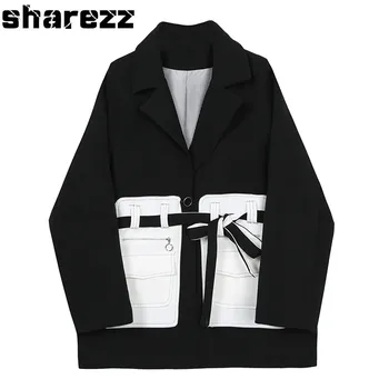 

Sharezz Spring Autumn 2020 New Suit Coat Women Patchwork Black Long Sleeve Bandage Loose Fit Blazer Jacket Woman Fashion Tide