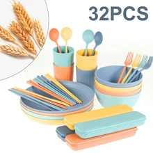 Wheat Straw Dinner Sets of 32Pcs Dinnerware Set Large Dinner Plates Cups Bowls Cutlery Microwave Dishwasher for Kids Toddler