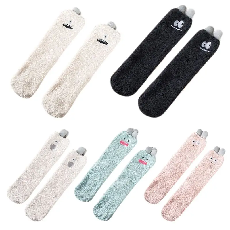 Милые женские носки из кораллового флиса; зимние плотные теплые носки-тапочки средней длины с героями мультфильмов