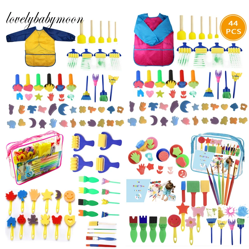 Juego de pinceles para pintar de esponja para niños, Kit de pinceles para pintar, Mini Kits de pintura DIY de aprendizaje temprano, formas de dibujo, regalo, 14-44 Uds.