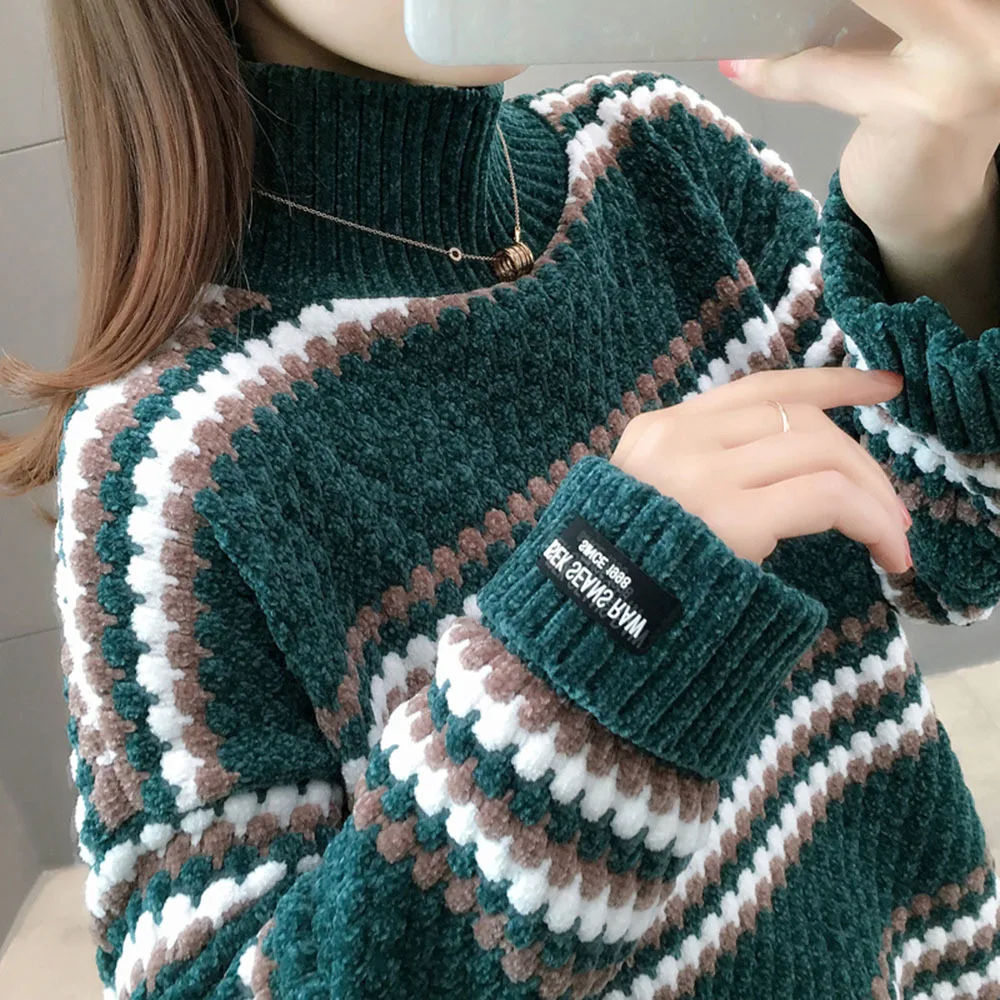 빈티지 따뜻한 셔닐 실 스웨터 여자 전체 슬리브 벨벳 스웨터 겨울 숙녀 솔리드 터틀넥 느슨한 여성 점퍼 2022