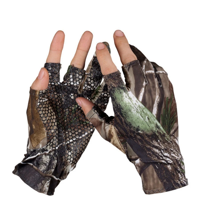 

ABZB-Elastic Camouflage Leaking Finger Defensive Men and Women Models Breathable Fishing Gloves Stretch Lycra Gloves