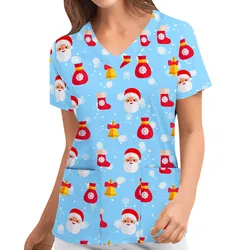 Women Christmas Nurse Uniform Fashion Merry Christmas Print Short Sleeve V-neck Tops Medical Scrub Working Uniform Blouse Shirt