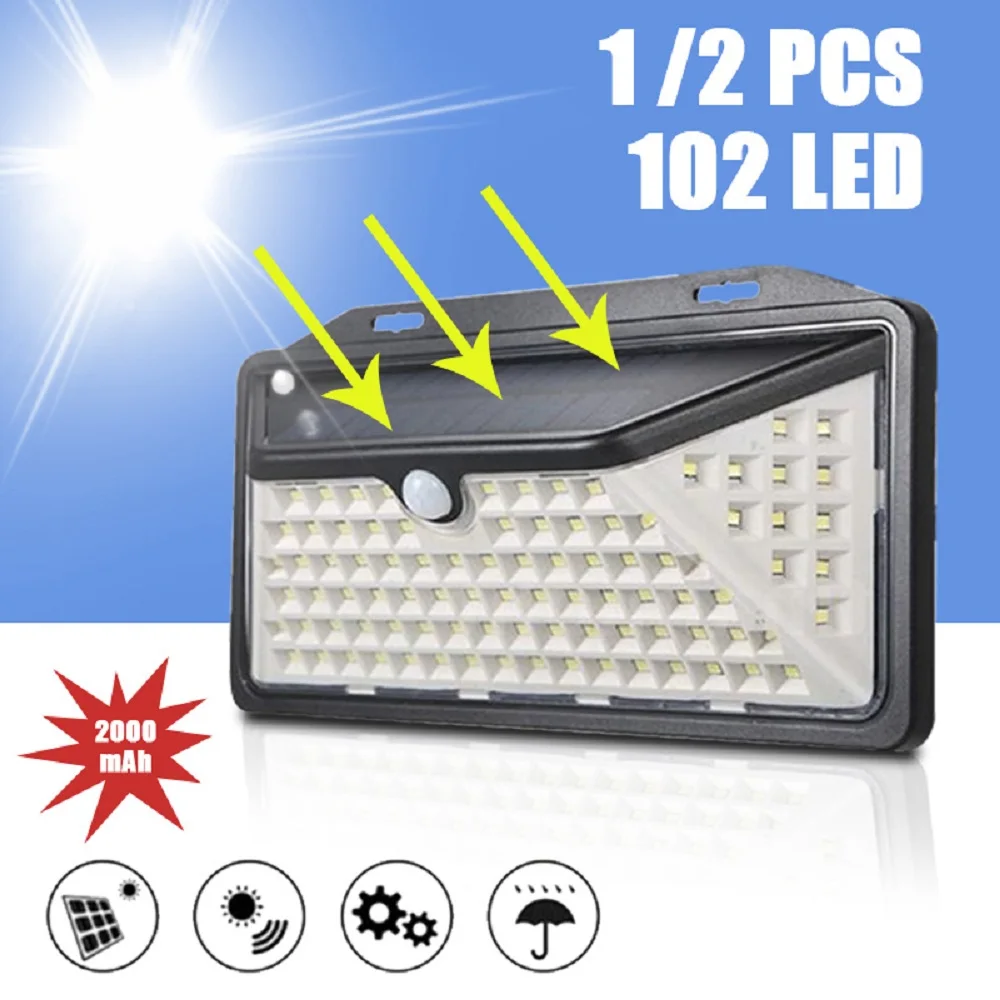 Sensor de Movimento Luz de Parede Ip65 à Prova Água com 2000 Mah de Lítio-bateria Solar Mpow Modos Ajustáveis Dwaterproof Luzes Brilhantes Super 102 Led 3