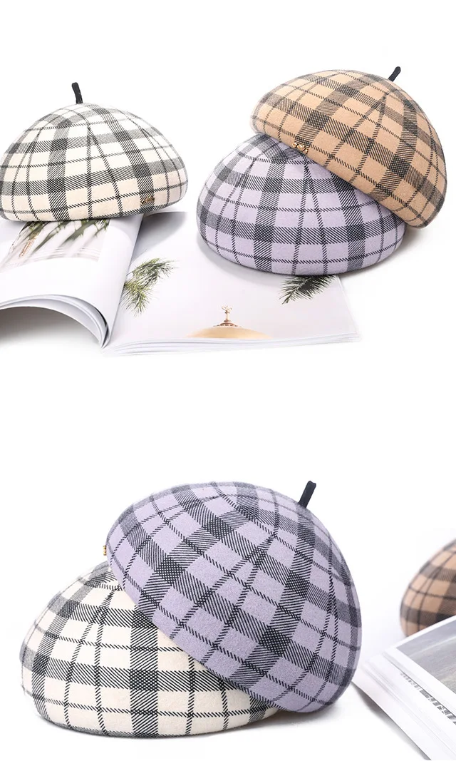 Fashion Lattice Winter Cap For Women Knit Beret Winter Warm British Style Lady Painter Bonnet Hats Solid Bonias Wholesale