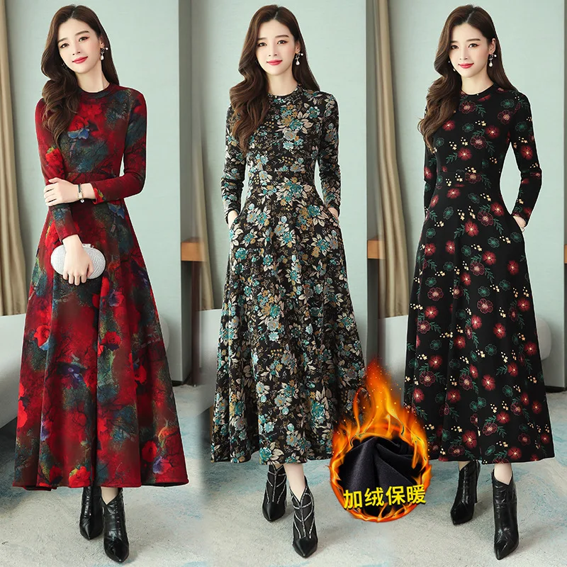 

2019 Autumn And Winter New Style plus Velvet Base Kuotaitai Dress Women's Long Brushed And Thick Long Skirts