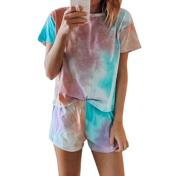 

Amazon Hot Selling Women Tie Dye Printed Sleepwear Lounge Short Sleeve Pajama Set Night Shirt with Shorts