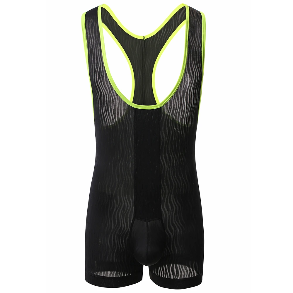 Men's Sport Bodysuit Sleeveless Tank Mesh Jumpsuits Wave Pattern Leotard Wrestling Singlet Boxer Underwear Athletic Supporters