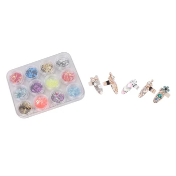 

12 colors nail Art Acrylic UV Gel crushed shell shiny spark with 12Pcs/Lot Nail Ring Fashion Jewelry