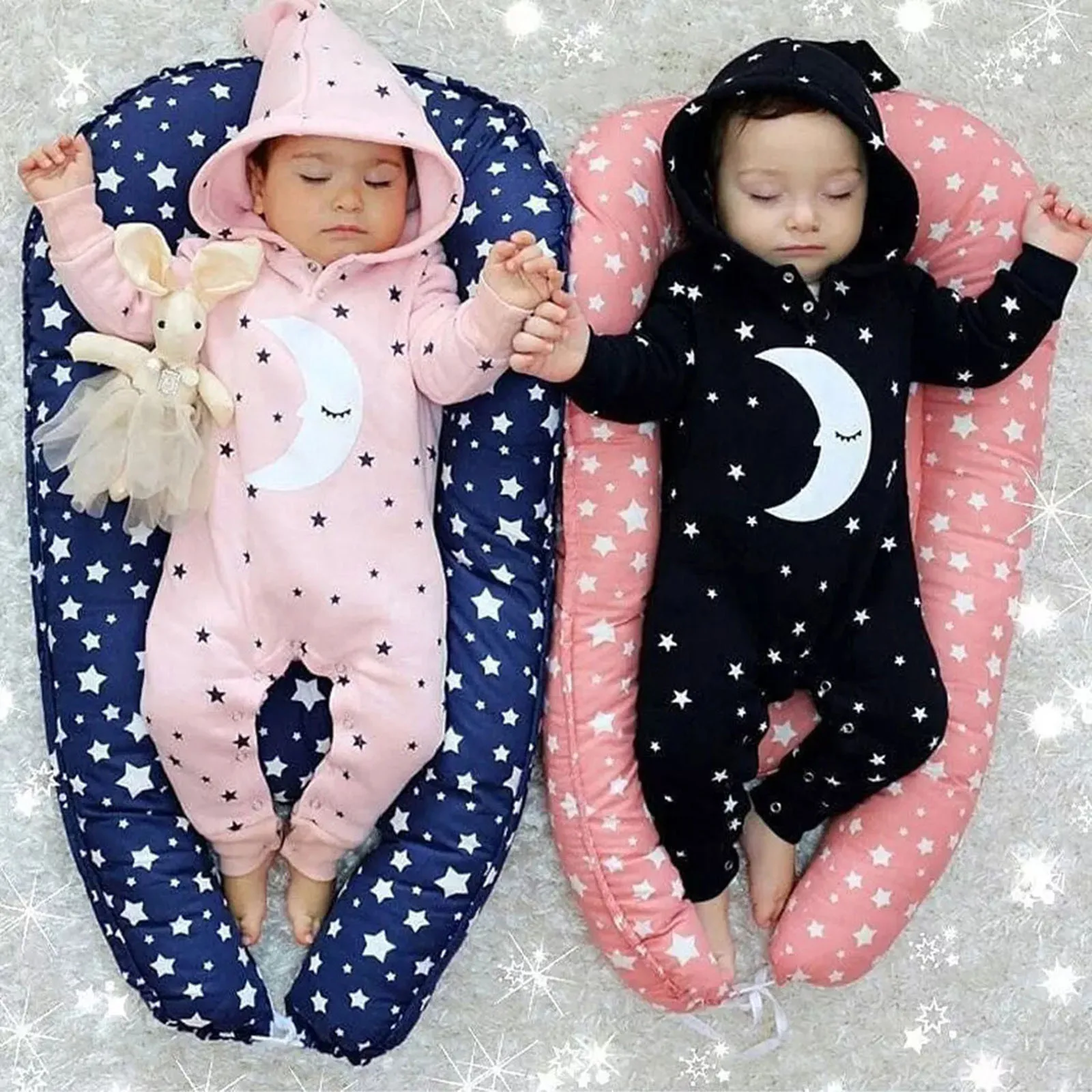 

0-24Months Infant Baby Boys Girls Long Sleeve Cartoon Hooded Coat jacket Romper Jumpsuit Little stars and moon print Hooded M5