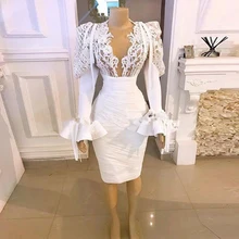 

White Short Prom Dress Mermaid Long Sleeves 2021 Dubai Arabic Evening Party Gowns Lace Applique Cocktail Dress Vestido