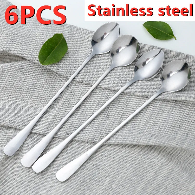 6 uds té cucharas de mango largo el helado de postre helado cucharas cocina caliente cubiertos bebiendo vajilla de acero inoxidable cucharas de café