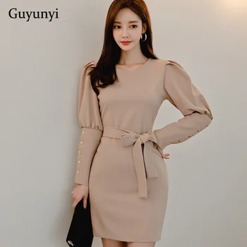 

Plain Color Elegant Office Dress 2020 Spring High Waist Decorative Belt Puff Sleeve Simple Mini Pencil Party Dress Women