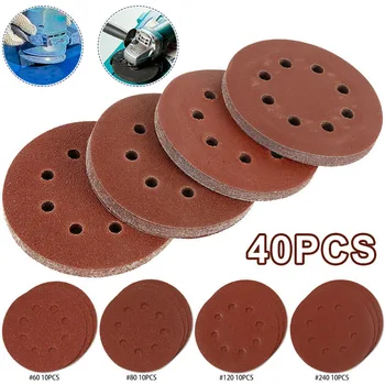 

40Pcs Sanding Papers 125mm Sanding Discs 5 Inch Pad 8 Hole Orbital Sandpaper Hook And Loop 60/80/120/240 Grit